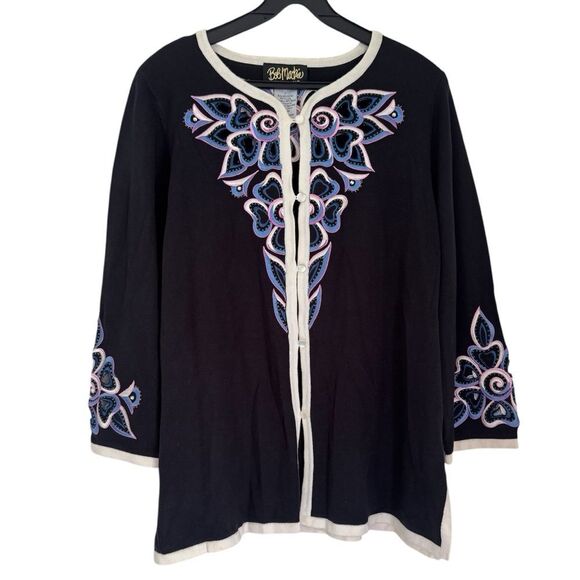 Bob Mackie Sweaters - Bob Mackie Wearable Art Black Cardigan with Colorful Embroidery/Beads Size Large